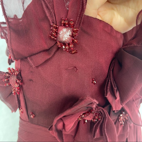 Adrianna Papell Burgundy One Shoulder Sleeveless Beaded Ruched Long Prom Dress - Picture 7 of 12